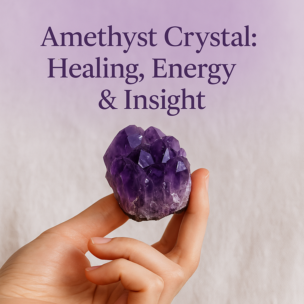 Close-up of a woman's hand holding a raw amethyst crystal against a soft lavender gradient background, with text above reading 'Amethyst Crystal: Healing, Energy & Insight'.