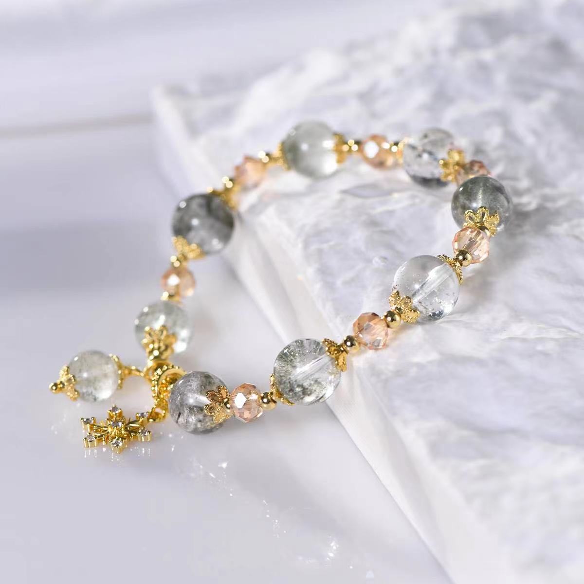 Green Phantom Quartz Snowflake Charm Bracelet - EclipticJewBraceletsGreen Phantom Quartznew