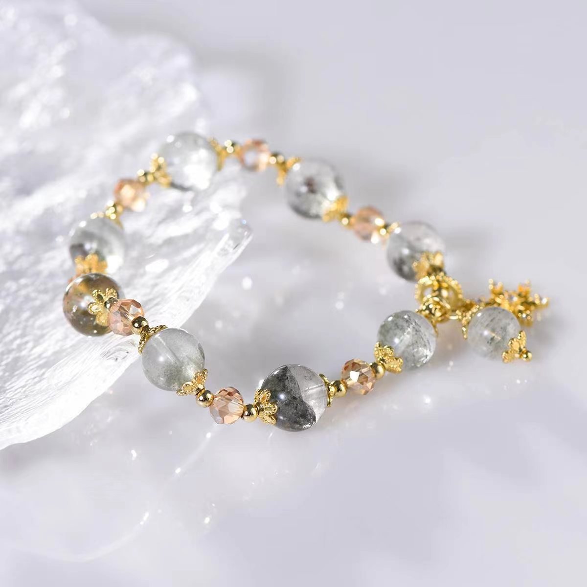 Green Phantom Quartz Snowflake Charm Bracelet - EclipticJewBraceletsGreen Phantom Quartznew