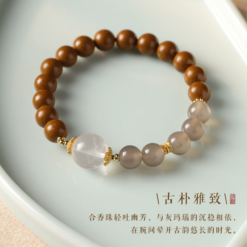 Gray Agate & Incense Bead Bracelet – Herbal Scented Calm with Rose Quartz Accents