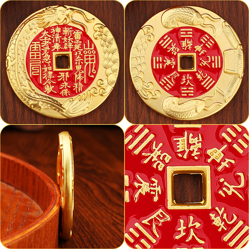 Red Brass Talisman Coin | 4.5cm Double-Sided Amulet | Taoist-Inspired Portable Charm for Protection & Spirit Power - EclipticJew