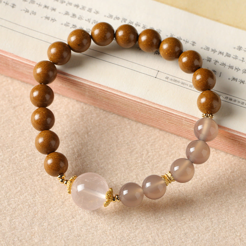 Gray Agate & Incense Bead Bracelet – Herbal Scented Calm with Rose Quartz Accents