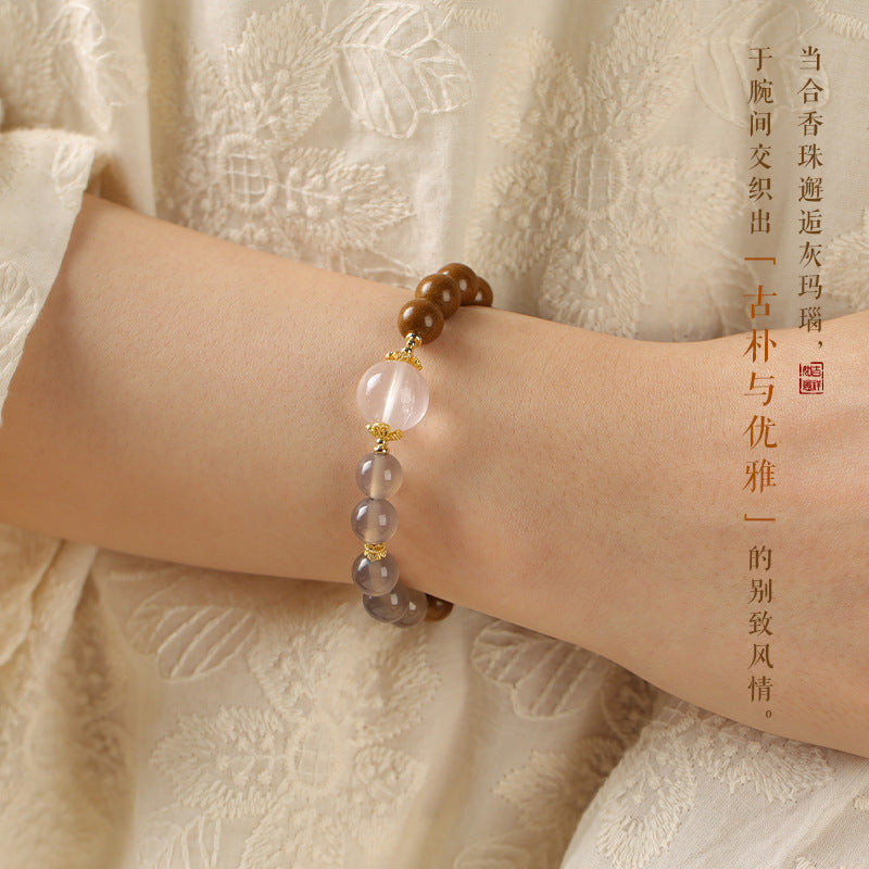 Gray Agate & Incense Bead Bracelet – Herbal Scented Calm with Rose Quartz Accents