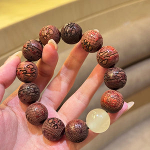 Carved Pixiu Rosewood Bracelet with Moonlight Stone | Wealth & Protection EclipticJew