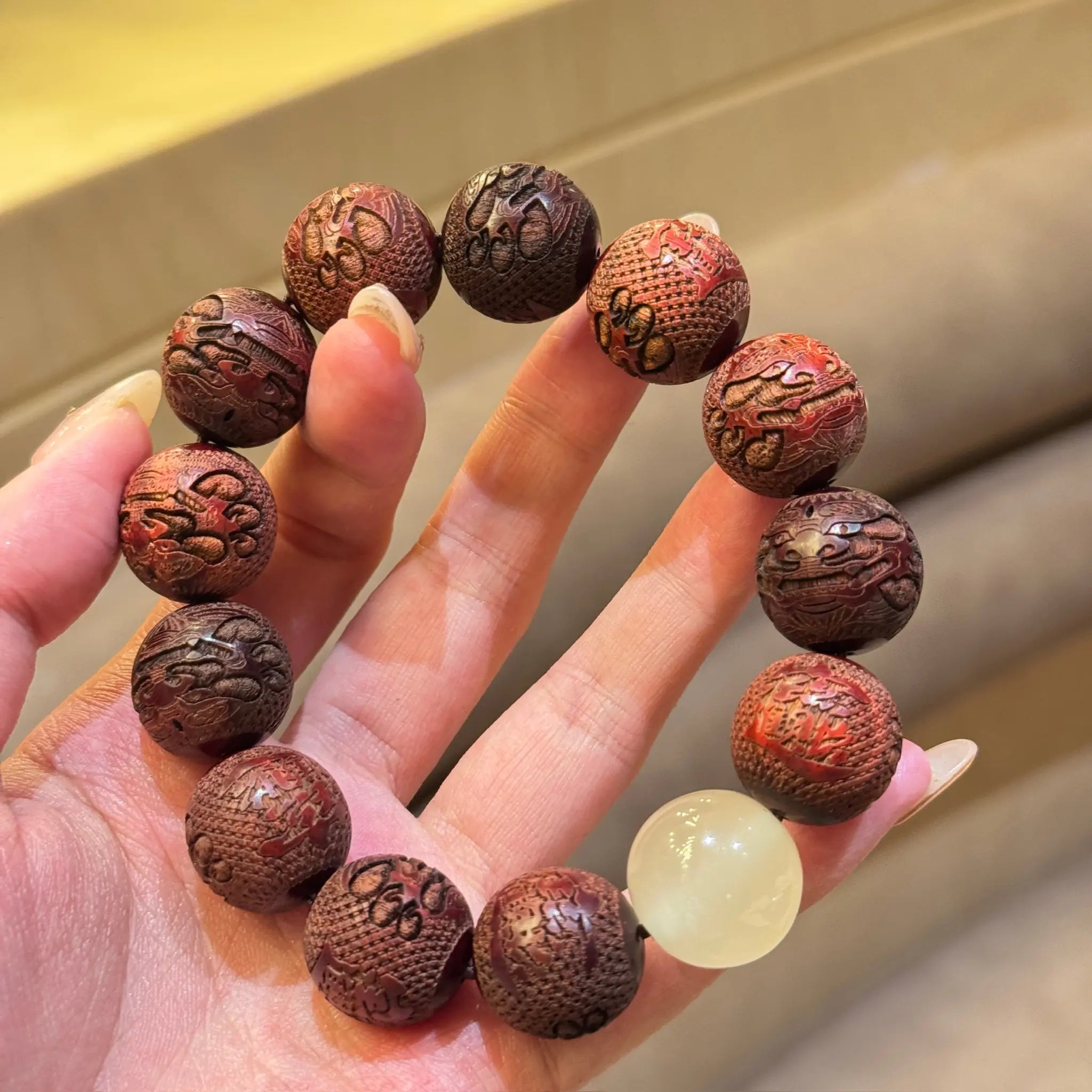 Carved Pixiu Rosewood Bracelet with Moonlight Stone | Wealth & Protection EclipticJew