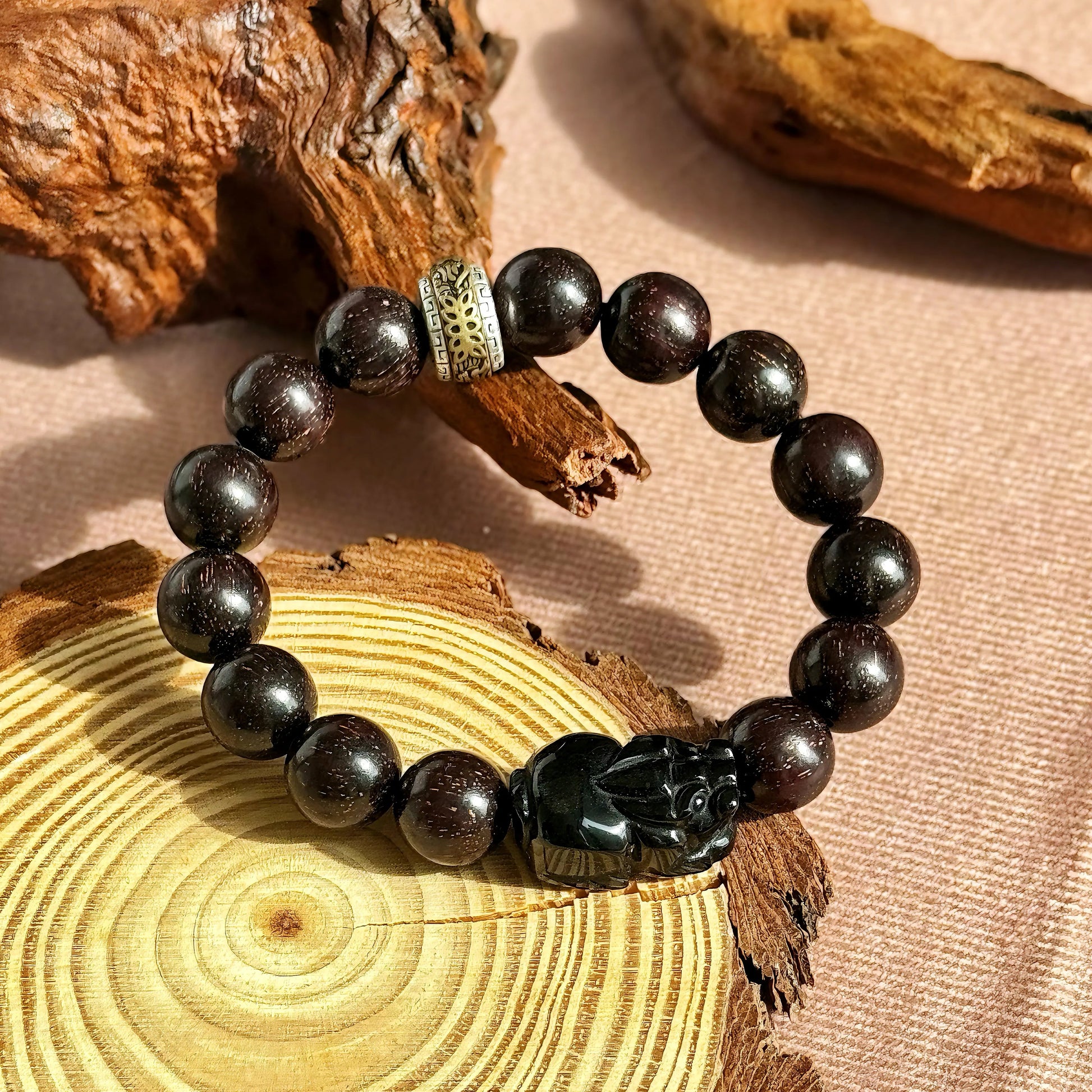 Men’s Sandalwood Bracelet with Obsidian Pixiu Charm | 12 Zodiac Design Options | Good Luck Jewelry EclipticJew