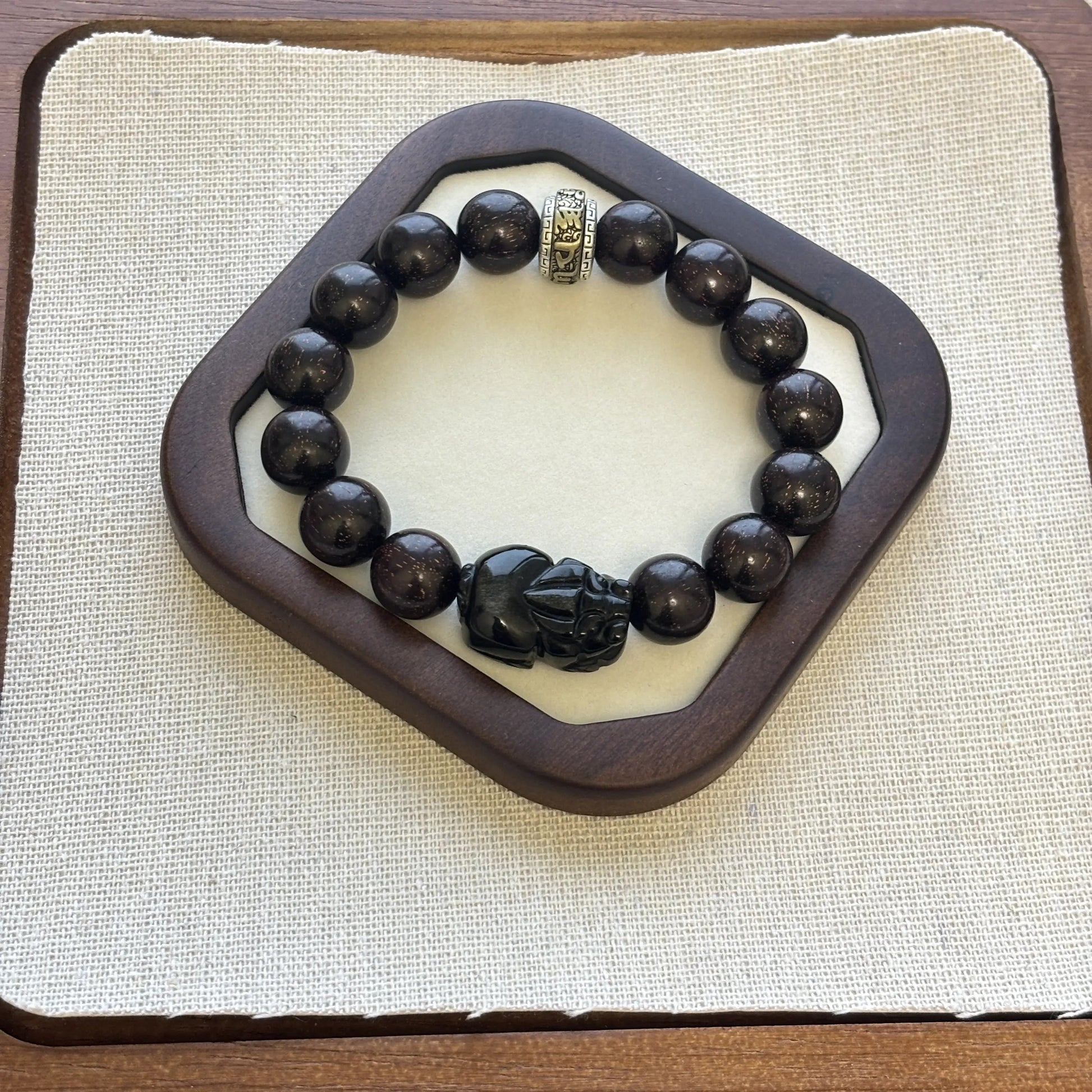 Men’s Sandalwood Bracelet with Obsidian Pixiu Charm | 12 Zodiac Design Options | Good Luck Jewelry EclipticJew