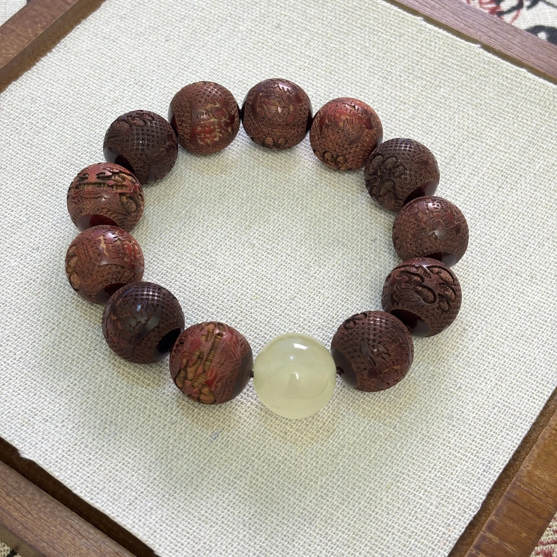 Carved Pixiu Rosewood Bracelet with Moonlight Stone | Wealth & Protection EclipticJew