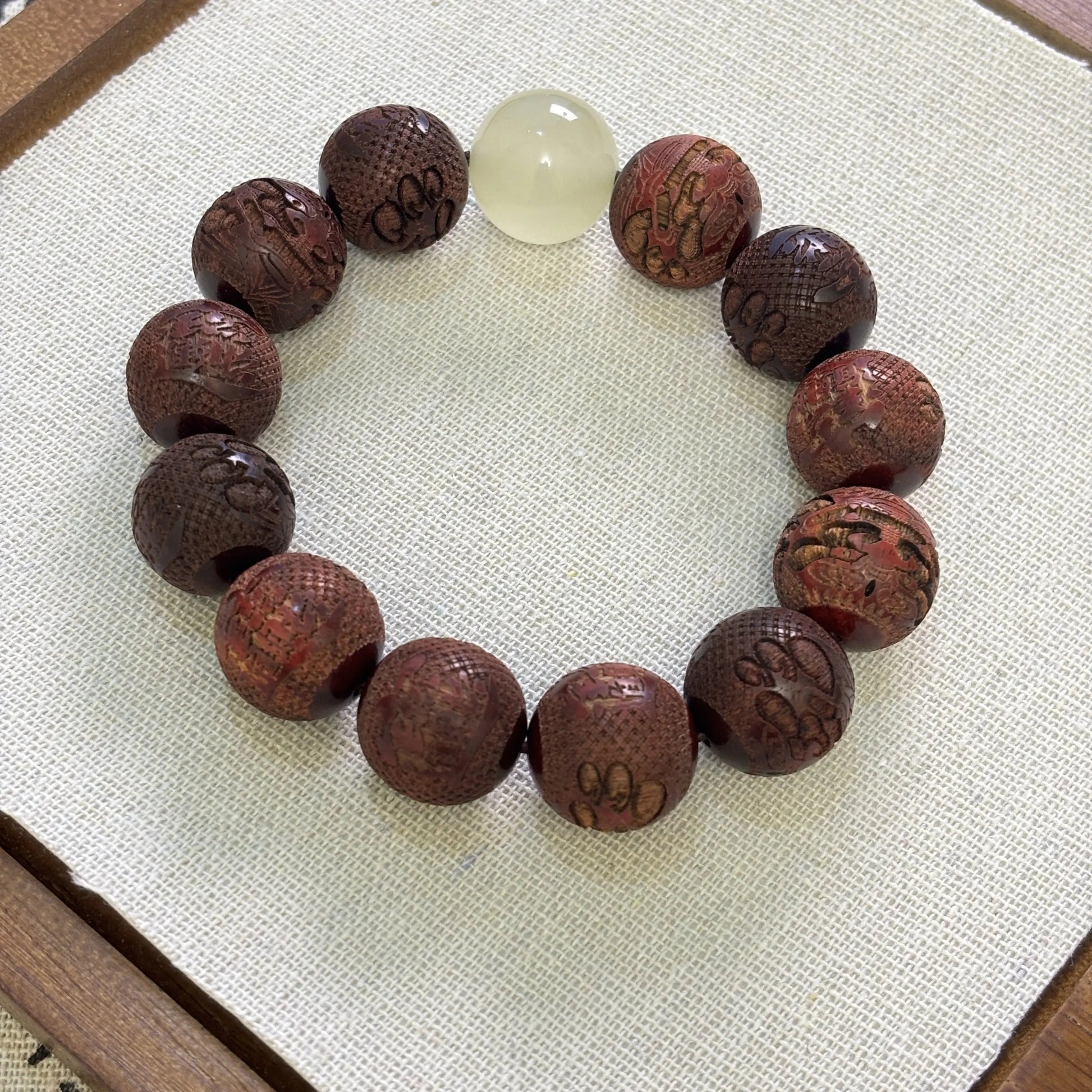 Carved Pixiu Rosewood Bracelet with Moonlight Stone | Wealth & Protection EclipticJew