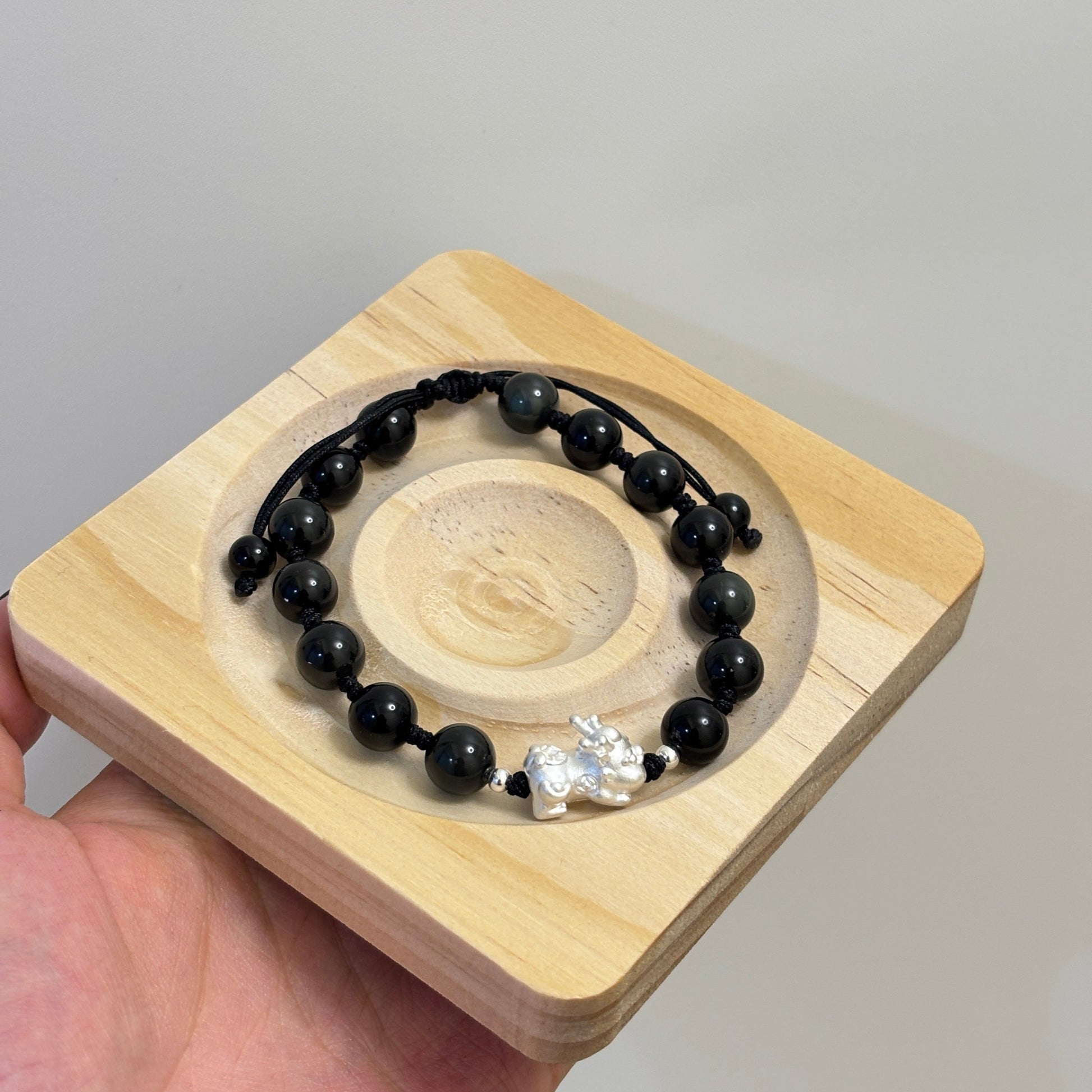 Black Obsidian Bracelet: Silver Pixiu Amulet, Taoist Energy Jewelry Gift EclipticJew