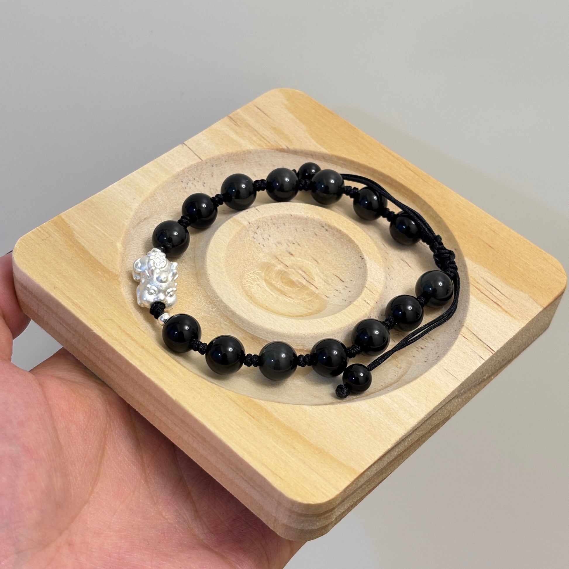 Black Obsidian Bracelet: Silver Pixiu Amulet, Taoist Energy Jewelry Gift EclipticJew