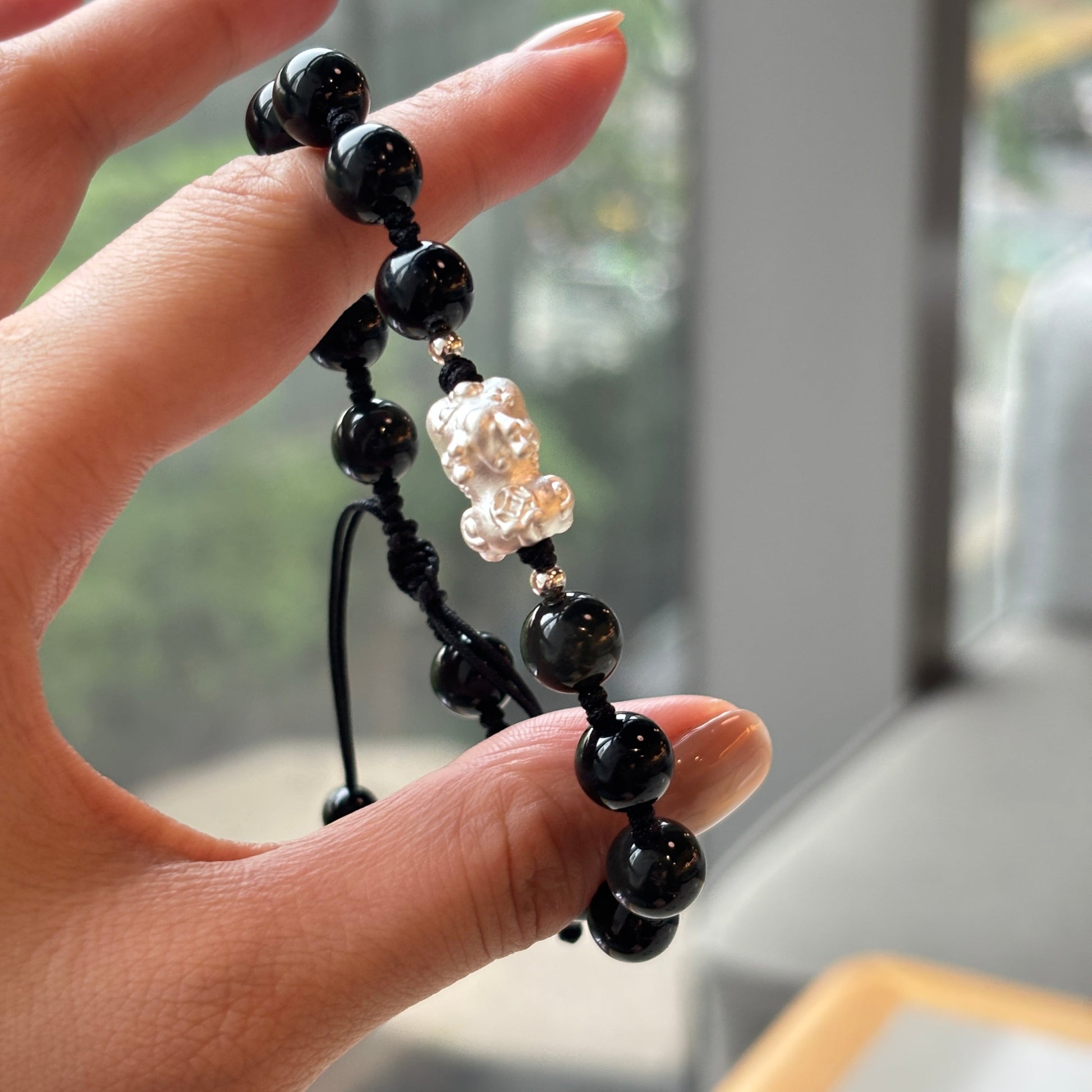 Black Obsidian Bracelet: Silver Pixiu Amulet, Taoist Energy Jewelry Gift EclipticJew