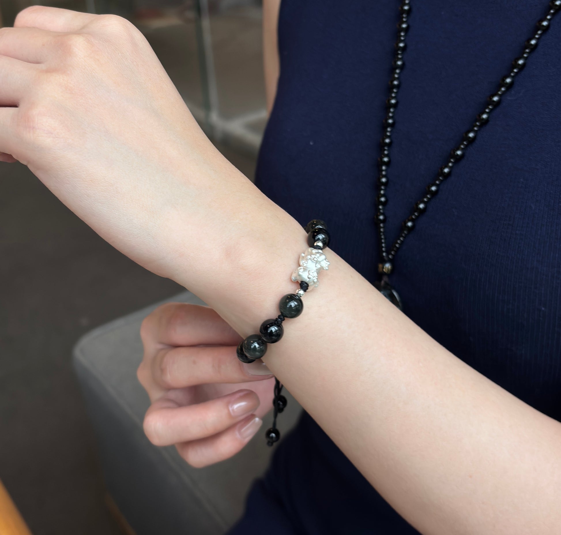 Black Obsidian Bracelet: Silver Pixiu Amulet, Taoist Energy Jewelry Gift EclipticJew
