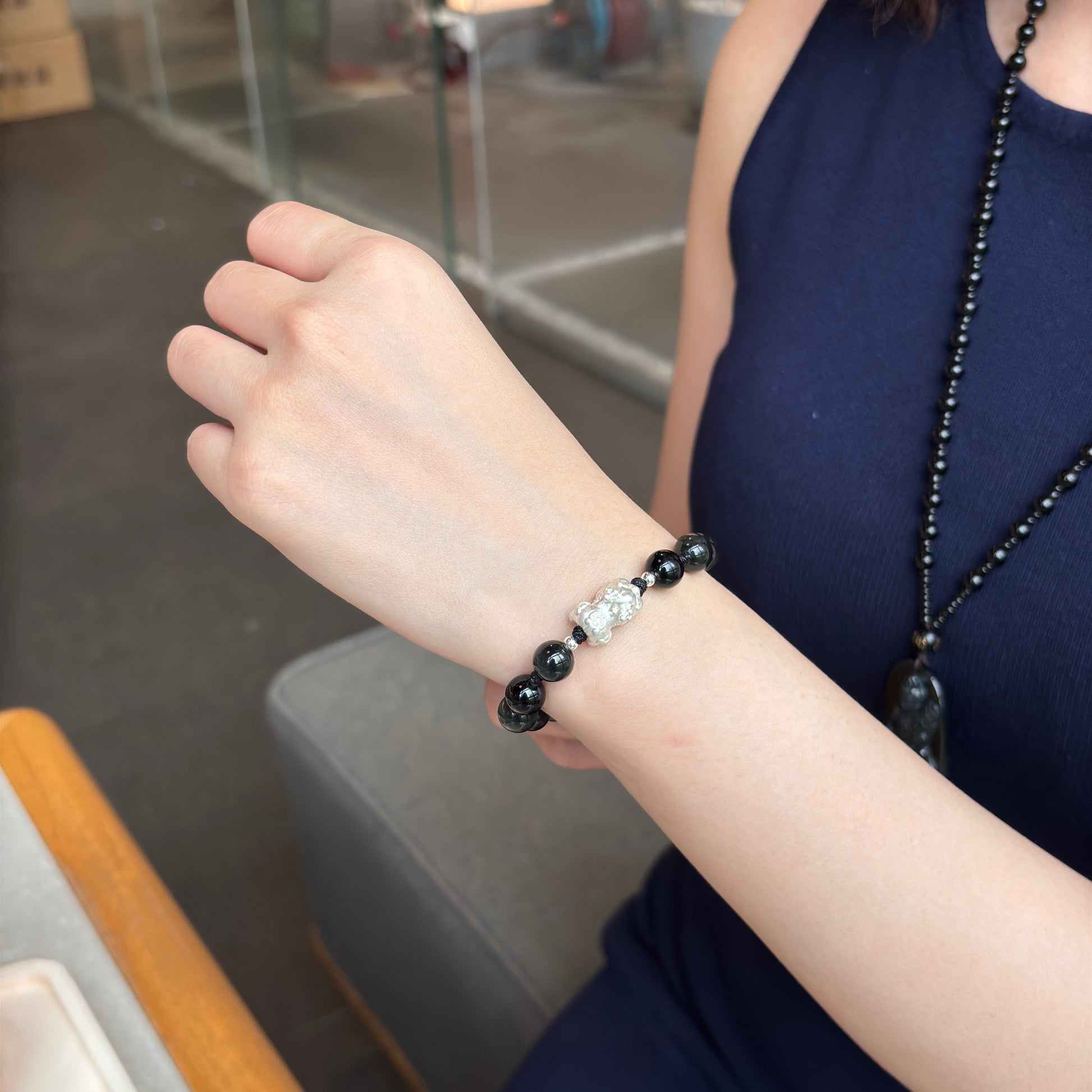 Black Obsidian Bracelet: Silver Pixiu Amulet, Taoist Energy Jewelry Gift EclipticJew