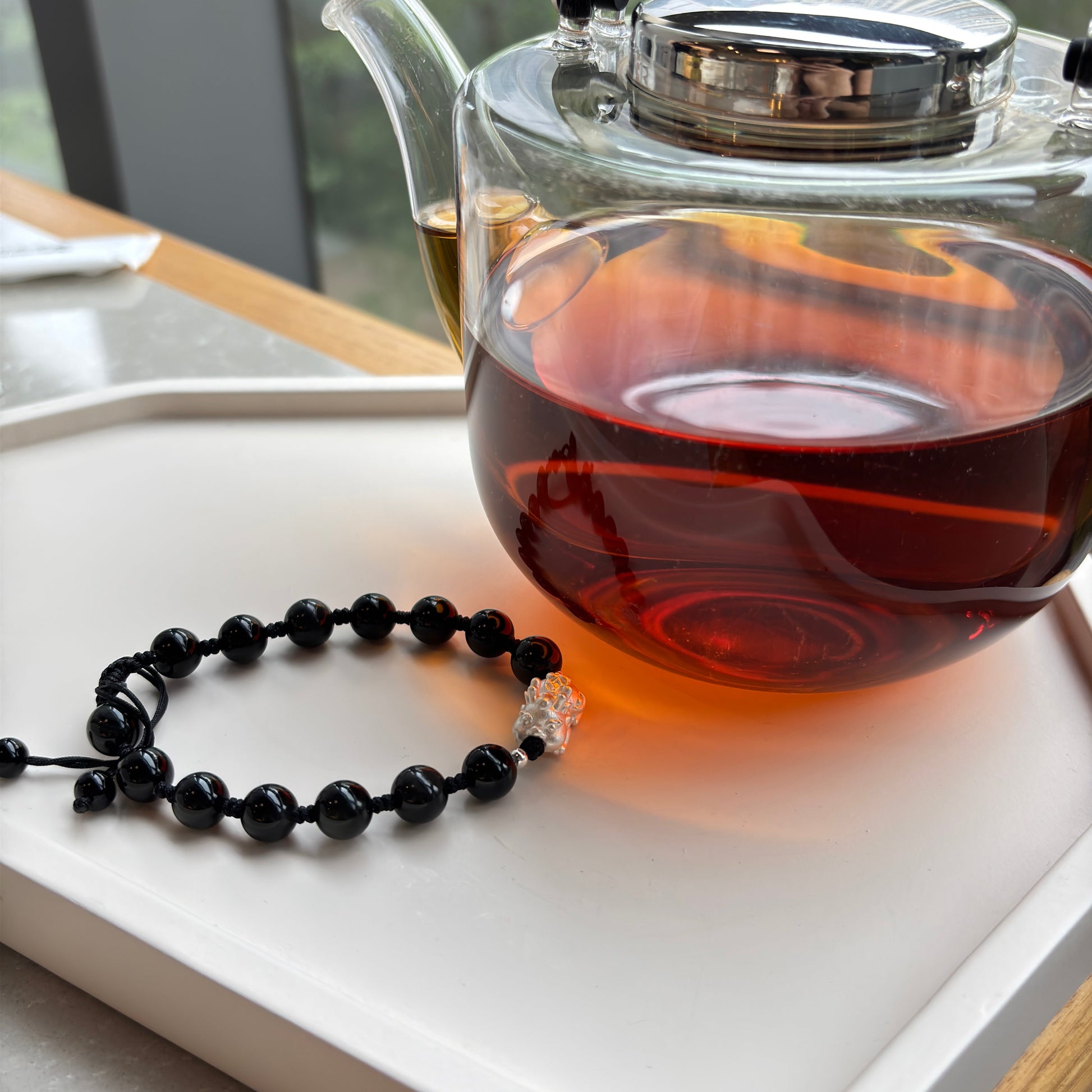 Black Obsidian Bracelet: Silver Pixiu Amulet, Taoist Energy Jewelry Gift EclipticJew