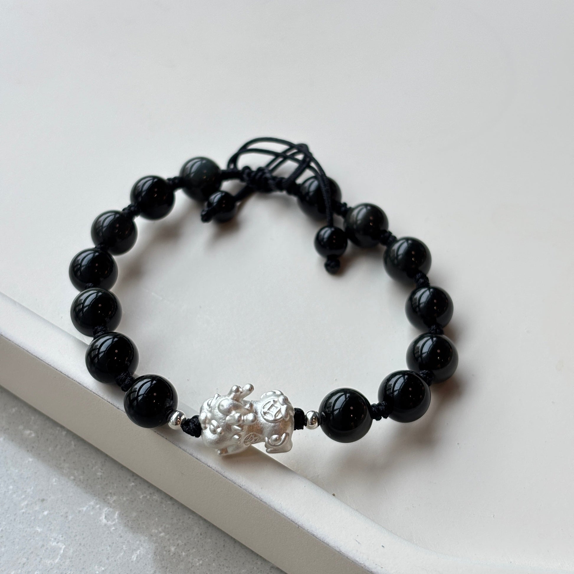 Black Obsidian Bracelet: Silver Pixiu Amulet, Taoist Energy Jewelry Gift EclipticJew