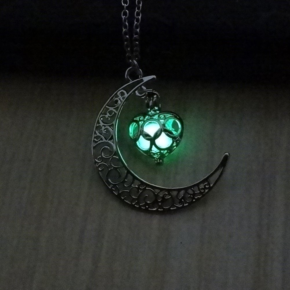 Lunar Glow Pendant Necklace - Silver-Plated Moon Shape - EclipticJew