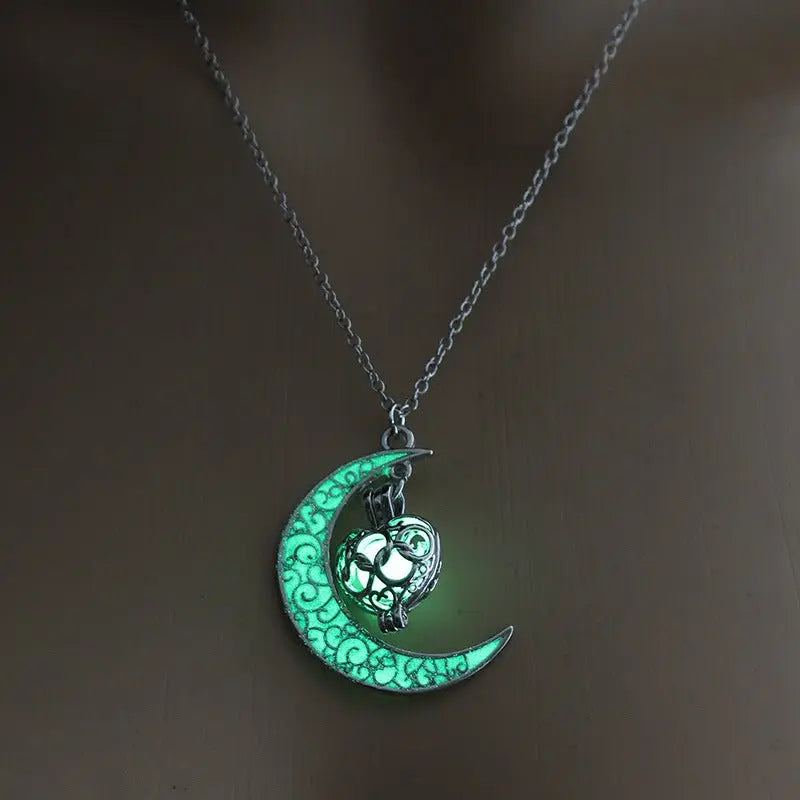 Lunar Glow Pendant Necklace - Silver-Plated Moon Shape - EclipticJew
