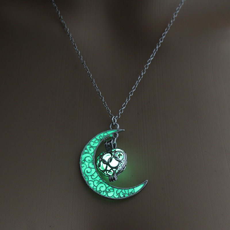 Lunar Glow Pendant Necklace - Silver-Plated Moon Shape - EclipticJew