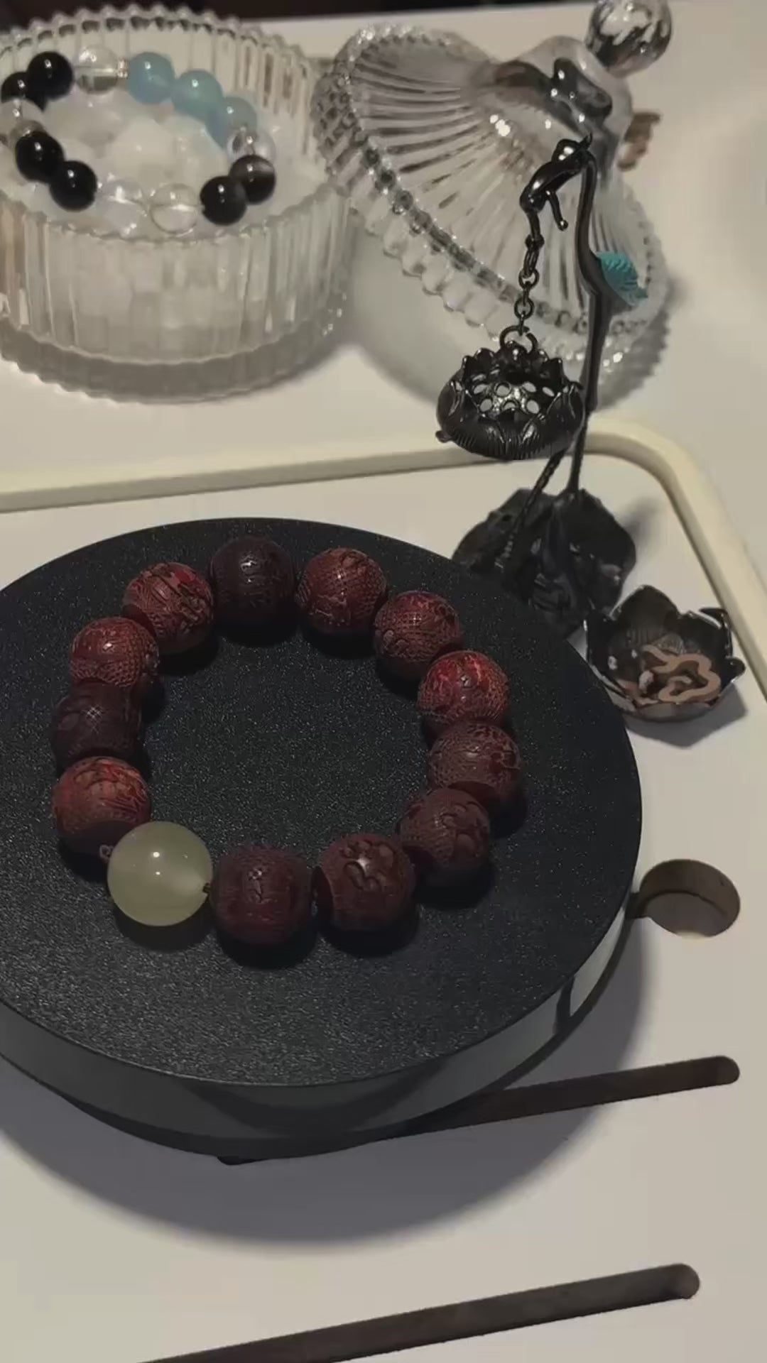 Carved Pixiu Rosewood Bracelet with Moonlight Stone | Wealth & Protection